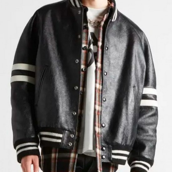 Men’s Homme Striped Black Leather Bomber Jacket Men’s Homme Striped Black Leather Bomber Jacket