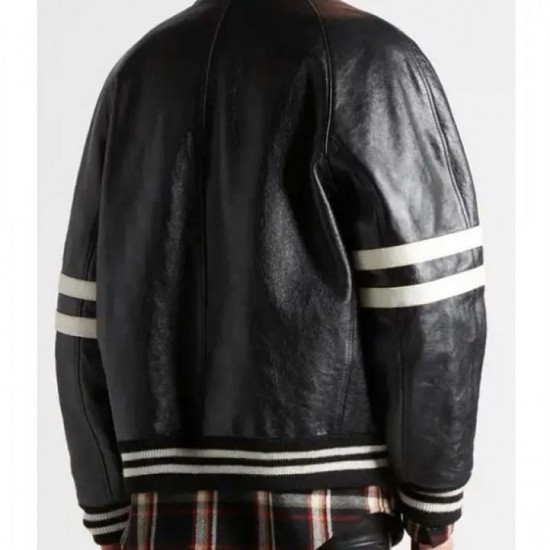 Men’s Homme Striped Black Leather Bomber Jacket Men’s Homme Striped Black Leather Bomber Jacket