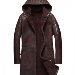 Men’s Moda Nellav Dark Brown Shearling Leather Hooded Coat