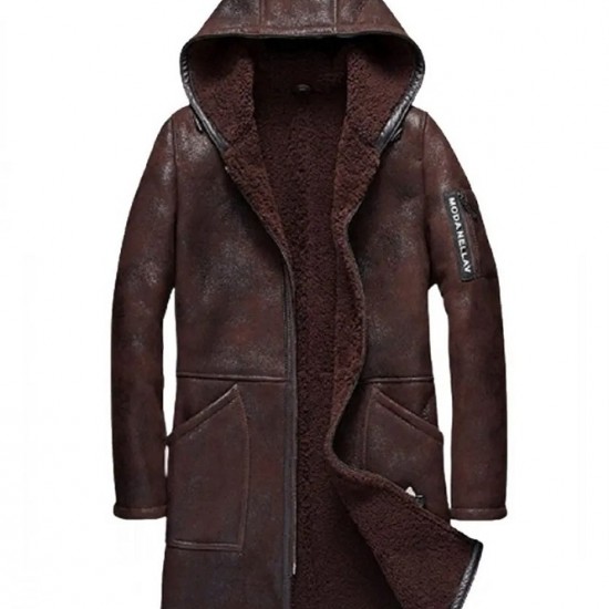 Men’s Moda Nellav Dark Brown Shearling Leather Hooded Coat Men’s Moda Nellav Dark Brown Shearling Leather Hooded Coat