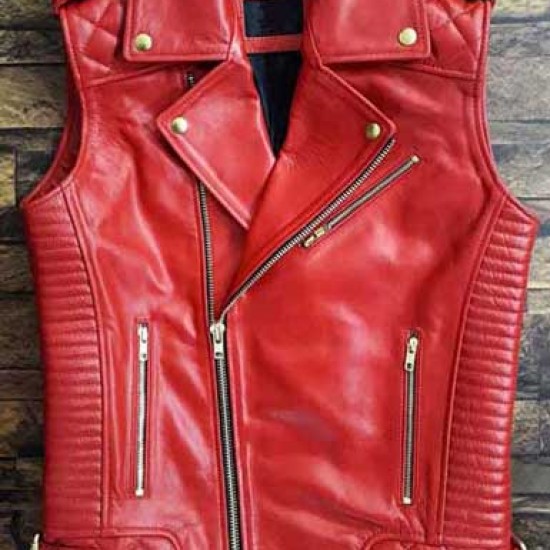 Men’s Red Cowhide Leather Sleeves Less Biker Style Vest            