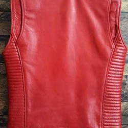 Men’s Red Cowhide Leather Sleeves Less Biker Style Vest            