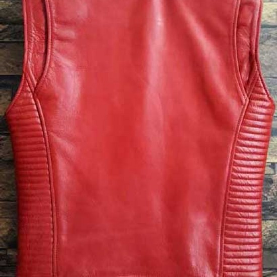 Men’s Red Cowhide Leather Sleeves Less Biker Style Vest            