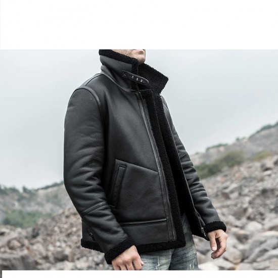 Men’s Shearling Leather Coat with Turn-Down Collar Winter Warm Jacket Men’s Shearling Leather Coat with Turn-Down Collar Winter Warm Jacket
