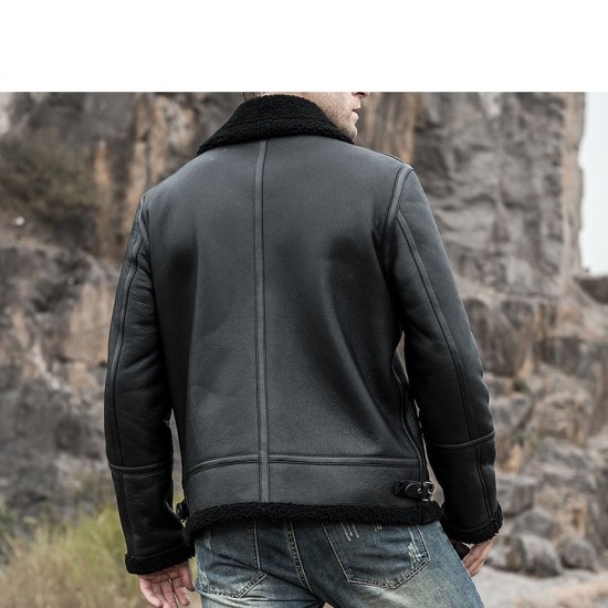Men’s Shearling Leather Coat with Turn-Down Collar Winter Warm Jacket Men’s Shearling Leather Coat with Turn-Down Collar Winter Warm Jacket