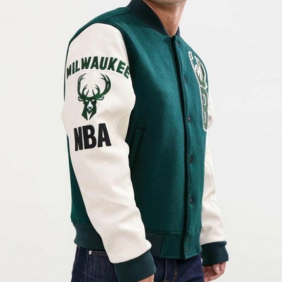 Milwaukee Bucks Green and White Letterman Jacket Milwaukee Bucks Green and White Letterman Jacket