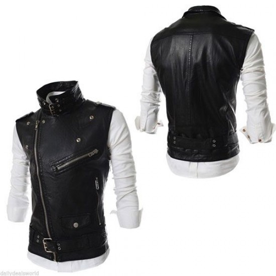 Men's Leather Biker Vest Sleeveless Motorcycle Slim Jacket Casual Coat