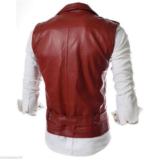Men's Leather Biker Vest Sleeveless Motorcycle Slim Jacket Casual Coat