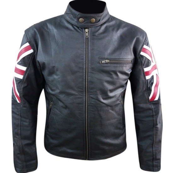 New Men's Biker Vintage Cafe Racer Leather Jacket with UK Flag and Embossed Skull New Men's Biker Vintage Cafe Racer Leather Jacket with UK Flag and Embossed Skull