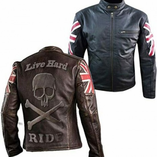New Men's Biker Vintage Cafe Racer Leather Jacket with UK Flag and Embossed Skull New Men's Biker Vintage Cafe Racer Leather Jacket with UK Flag and Embossed Skull