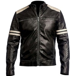 New Men's Black Slim Fit Cafe Racer Vintage Motorcycle Jacket