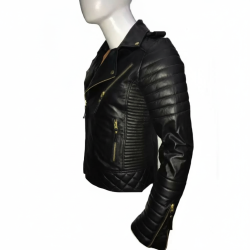 New Men's Padded Shoulders Quilted Motorcycle Black Leather Jacket 