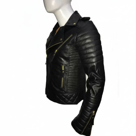 New Mens Padded Shoulders Quilted Motorcycle Black Leather Jacket