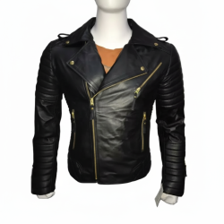 New Men's Padded Shoulders Quilted Motorcycle Black Leather Jacket 