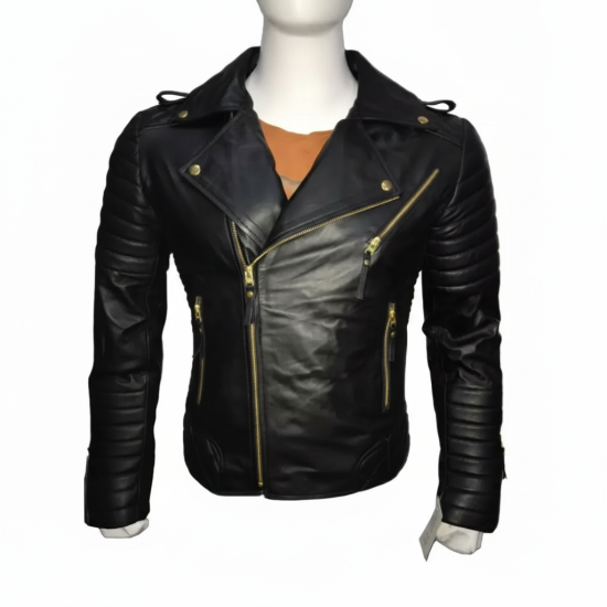 New Mens Padded Shoulders Quilted Motorcycle Black Leather Jacket