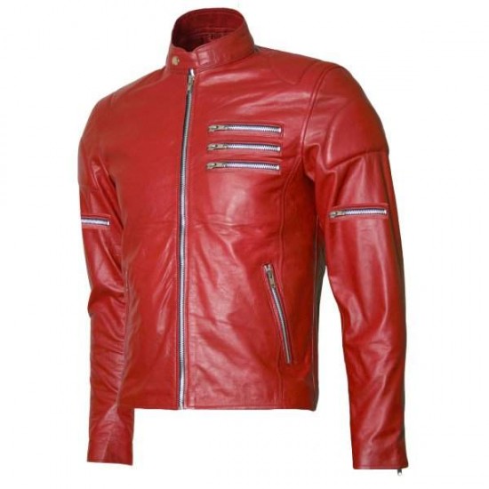 New Men's Silver Zipper Biker Red Leather Jacket New Men's Silver Zipper Biker Red Leather Jacket