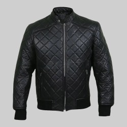 New Mens Quilted Diamond Black Leather Jacket