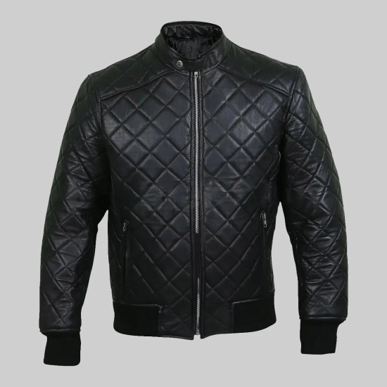 New Mens Quilted Diamond Black Leather Jacket