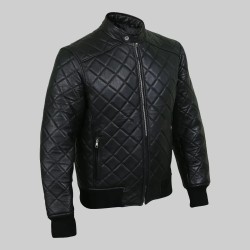 New Mens Quilted Diamond Black Leather Jacket