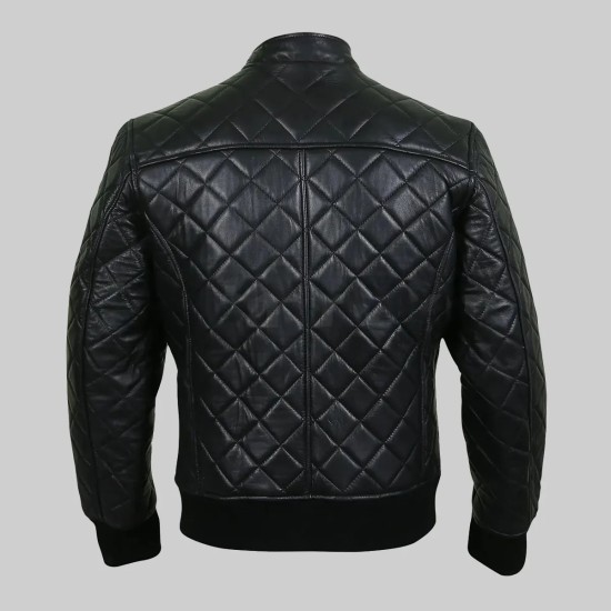 New Mens Quilted Diamond Black Leather Jacket