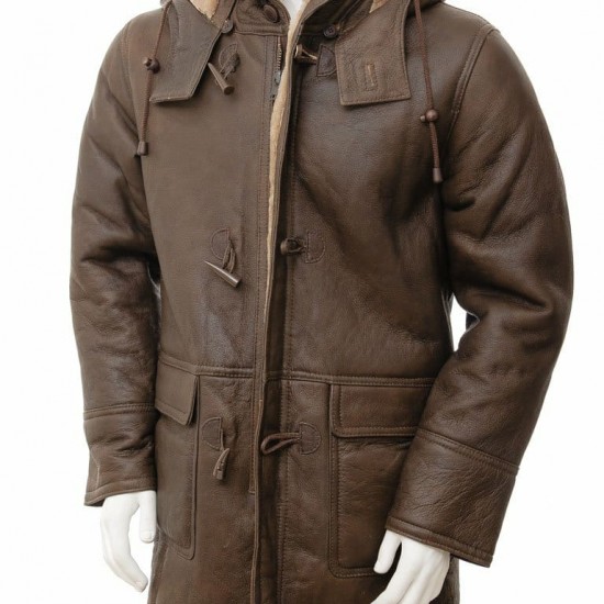 New Mens Sheepskin Duffle Coat Fur Hood Natural Shearling Fur Long Hooded Coat New Mens Sheepskin Duffle Coat Fur Hood Natural Shearling Fur Long Hooded Coat