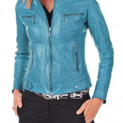 New Stylish Turquoise Blue Leather Jacket For Women