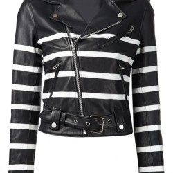 New Women's Black and White Striped Leather Biker Jacket