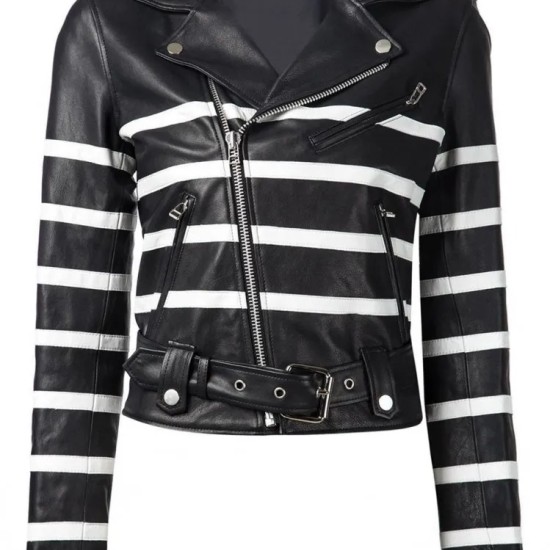 New Women's Black and White Striped Leather Biker Jacket New Womens Black and White Striped Leather Biker Jacket