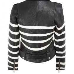 New Women's Black and White Striped Leather Biker Jacket