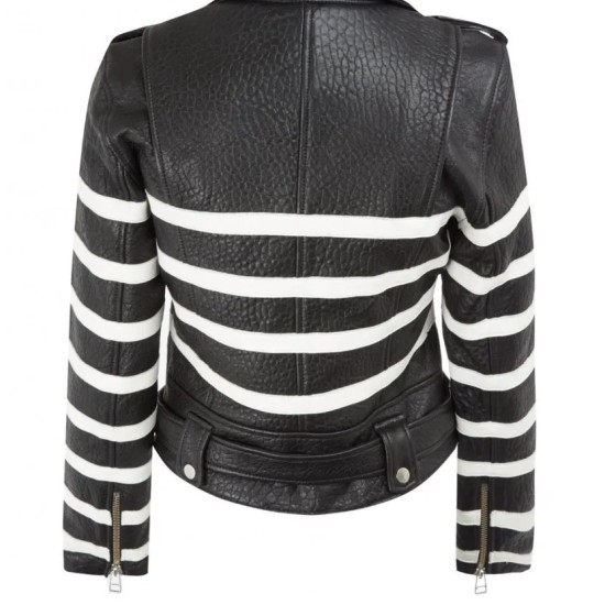 New Womens Black and White Striped Leather Biker Jacket