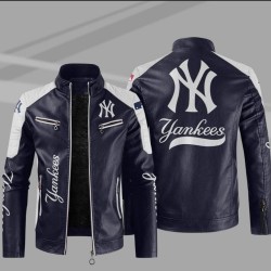New York Yankees Block Blue White MLB Leather Jacket