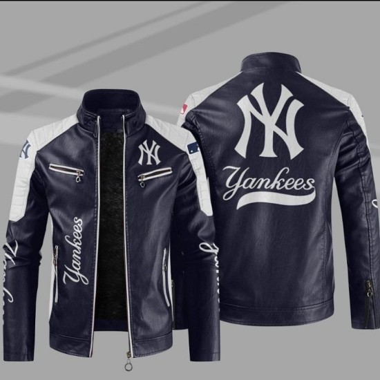 New York Yankees Block Blue White MLB Leather Jacket
