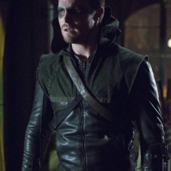 Oliver Queen Black Leather Jacket with Hoodie