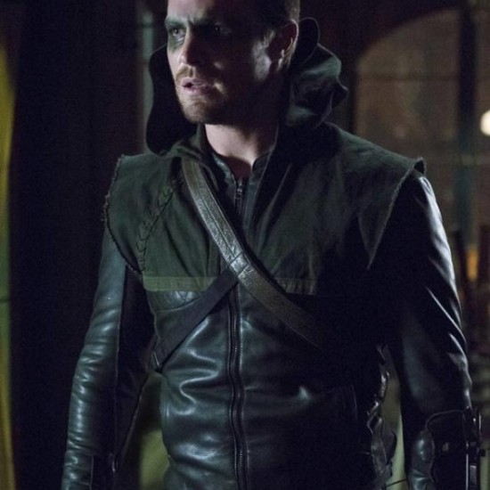 Oliver Queen Black Leather Jacket with Hoodie