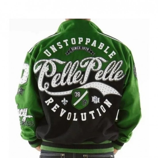 Pelle Pelle Unstoppable Revolution Green Varsity Jacket Pelle Pelle Unstoppable Revolution Green Varsity Jacket