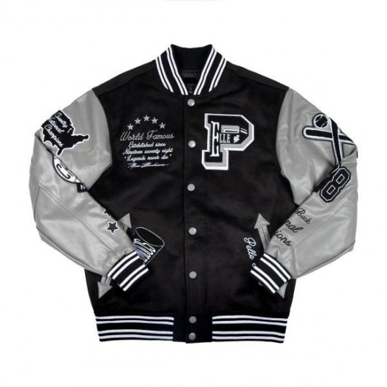Pelle Pelle World Famous Black With Grey Varsity Jacket Pelle Pelle World Famous Black With Grey Varsity Jacket