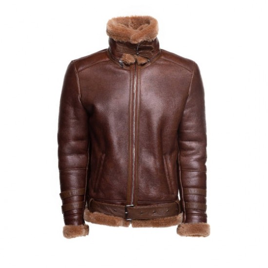 Phan's Brown Aviator bomber shearling jacket with a waist belt Phan's Brown Aviator bomber shearling jacket with a waist belt