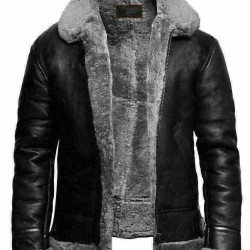 Men's Black RAF Aviator B3 Shearling Fur Collared Real Sheepskin Leather Jacket