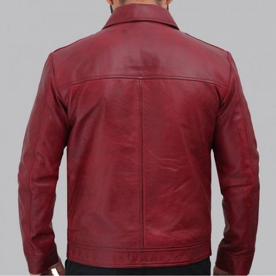 Reeves Mens Distressed Maroon Leather Jacket