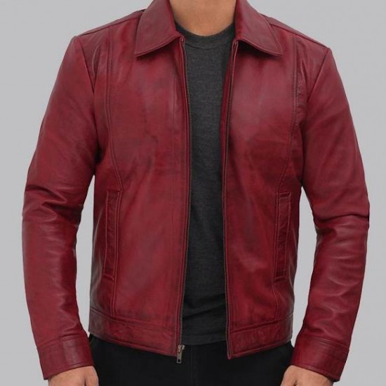 Reeves Mens Distressed Maroon Leather Jacket