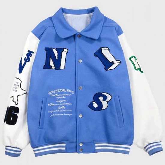 Skeleton Flocking Hip Hop Blue Letterman Jacket Skeleton Flocking Hip Hop Blue Letterman Jacket