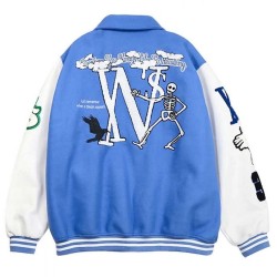 Skeleton Flocking Hip Hop Blue Letterman Jacket