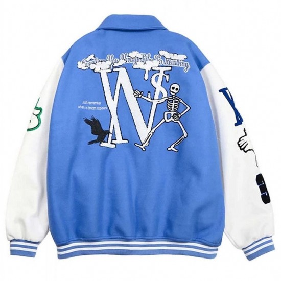 Skeleton Flocking Hip Hop Blue Letterman Jacket Skeleton Flocking Hip Hop Blue Letterman Jacket