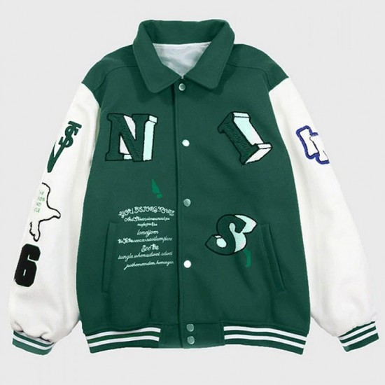 Skeleton Flocking Hip Hop Green Letterman Jacket Skeleton Flocking Hip Hop Green Letterman Jacket