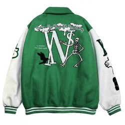 Skeleton Flocking Hip Hop Green Letterman Jacket