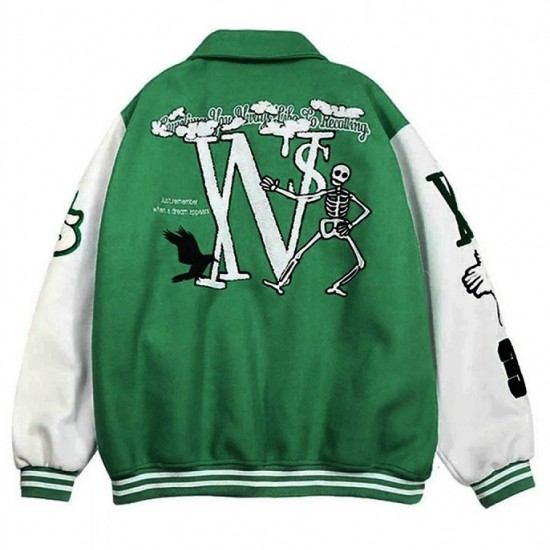 Skeleton Flocking Hip Hop Green Letterman Jacket Skeleton Flocking Hip Hop Green Letterman Jacket