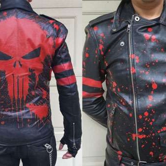 Men's Custom Hand Painted Punk Bloody Punisher Leather Biker Jacket Men's Custom Hand Painted Punk Bloody Punisher Leather Biker Jacket