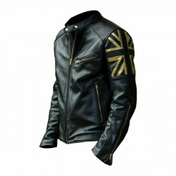 UK FLAG Cafe Racer Vintage Men Black Motorcycle Biker Leather Jacket