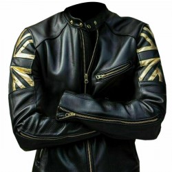 UK FLAG Cafe Racer Vintage Men Black Motorcycle Biker Leather Jacket