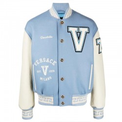 V Felted-Wool and Leather Blue Varsity Jacket